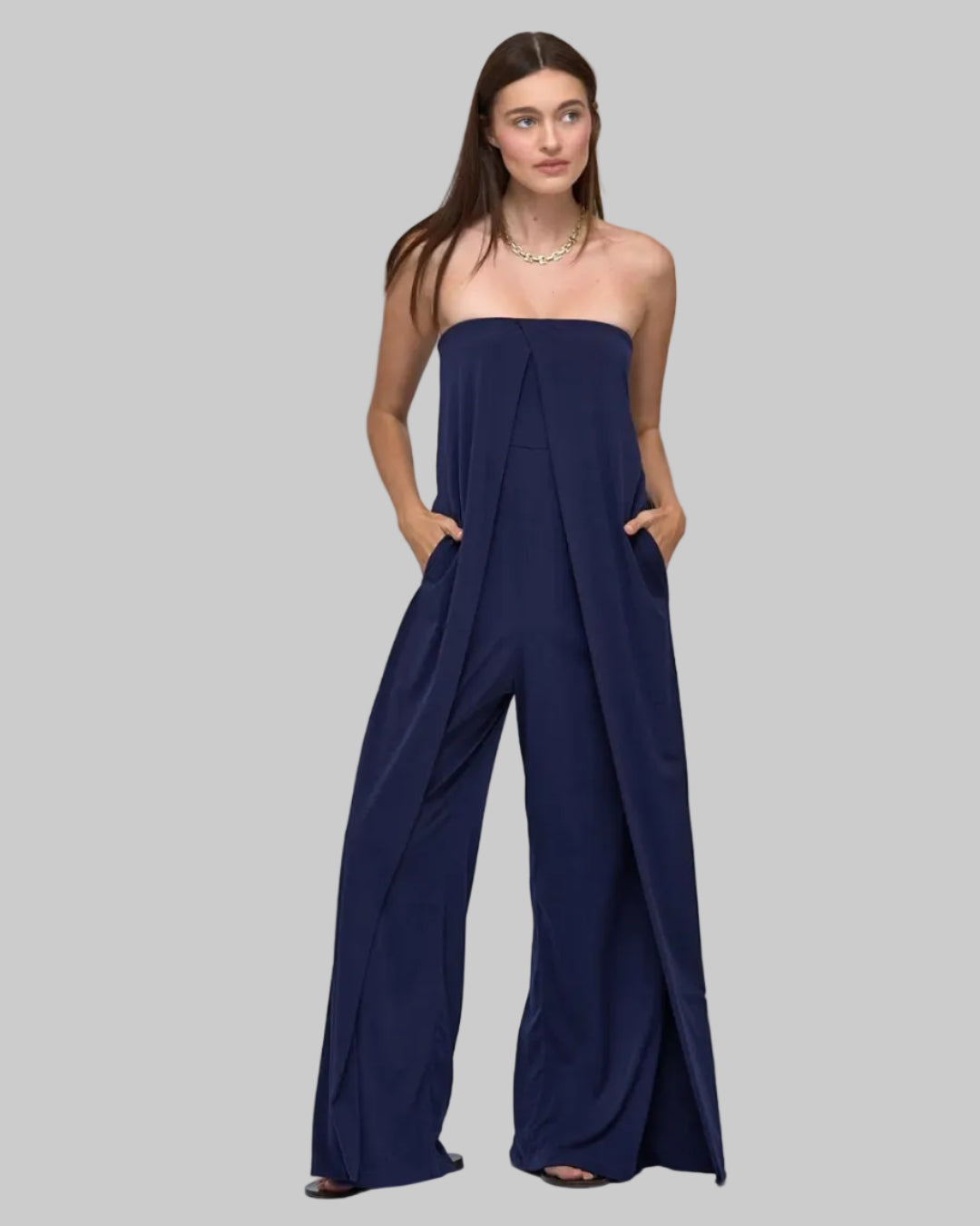 Strapless romper jumpsuit navy with pockets