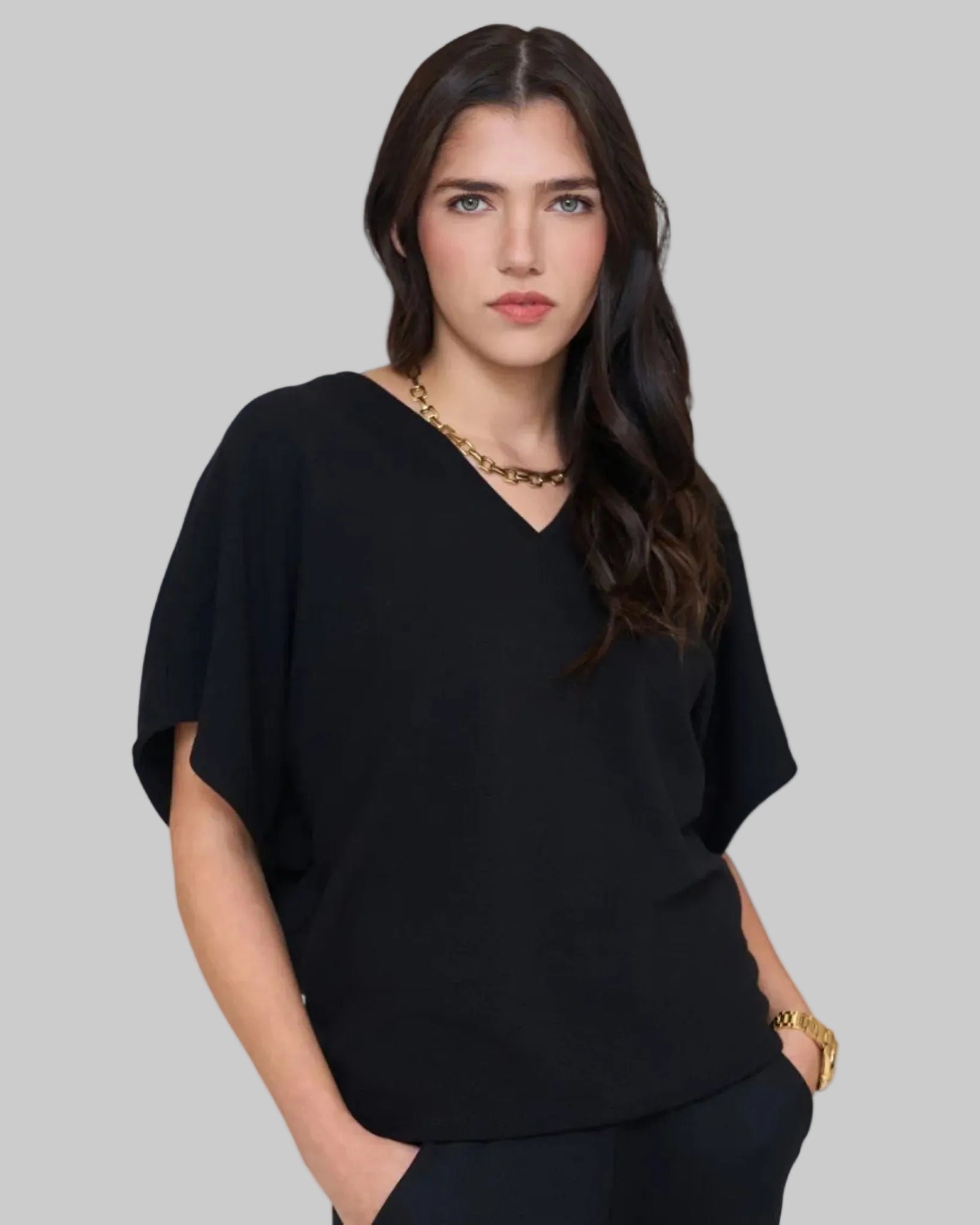 Luxurious Bamboo knit set. Dolman sleeve v-neck top, high waist, wide leg knit pant with elastic waist band and pockets. Relaxed fit. Black. Only top shown. 