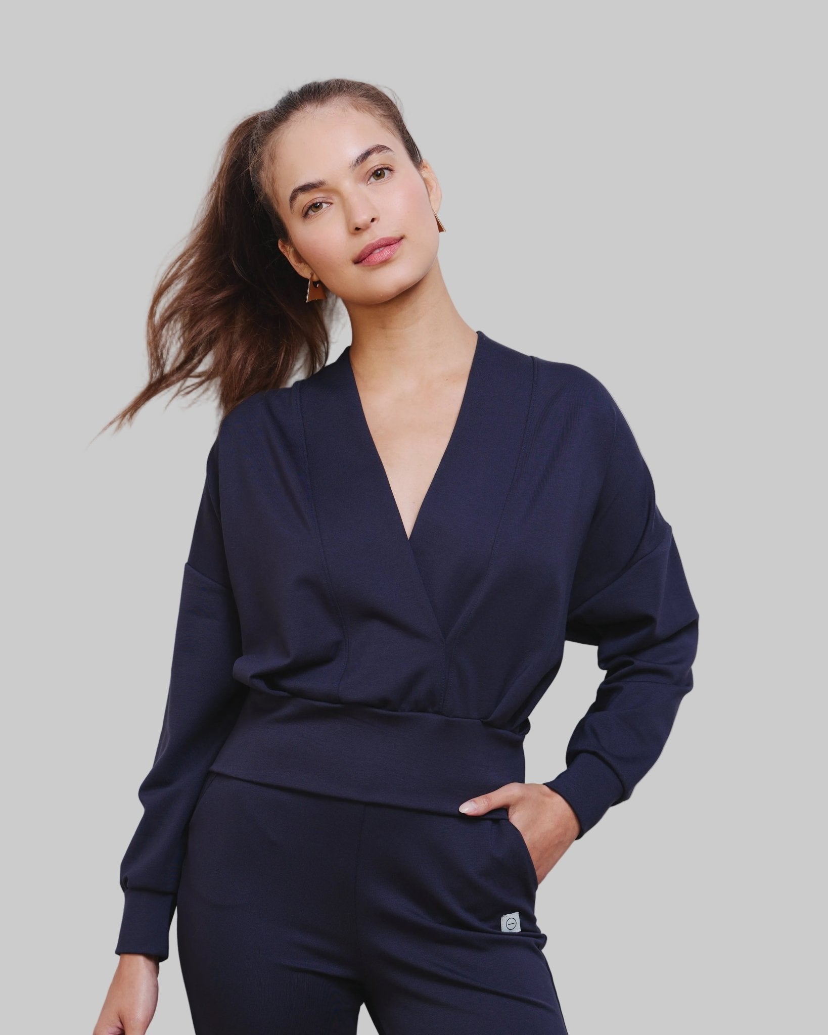 Long sleeve, deep v-neck top for women in Navy