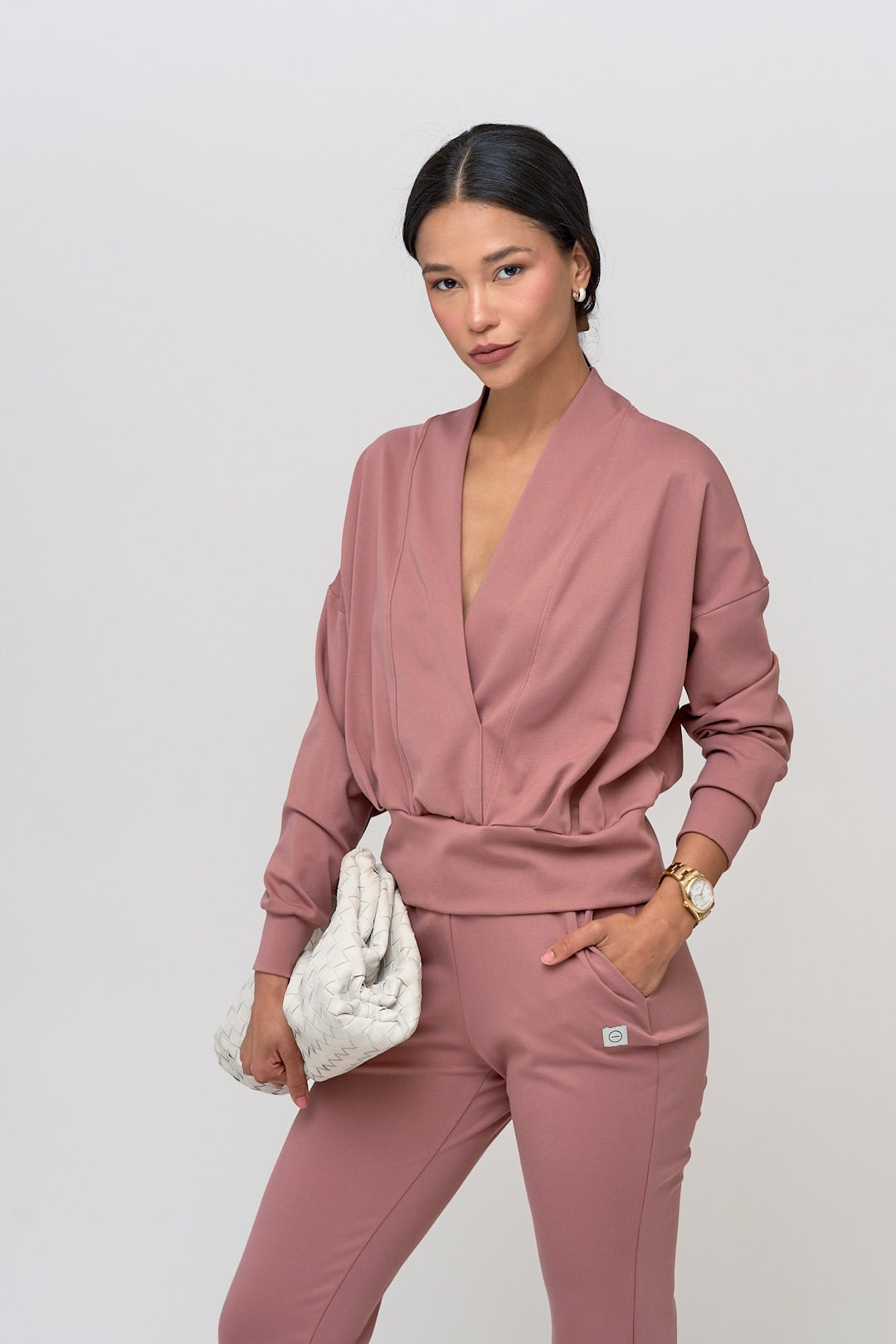 Long sleeve, deep v-neck top for women in Sedona, a dusty rose.