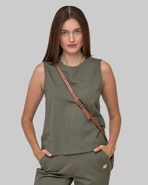 Jet set tank top for women with sleek and modern fit scoop neck sleeveless tank top  in Moss a soft green