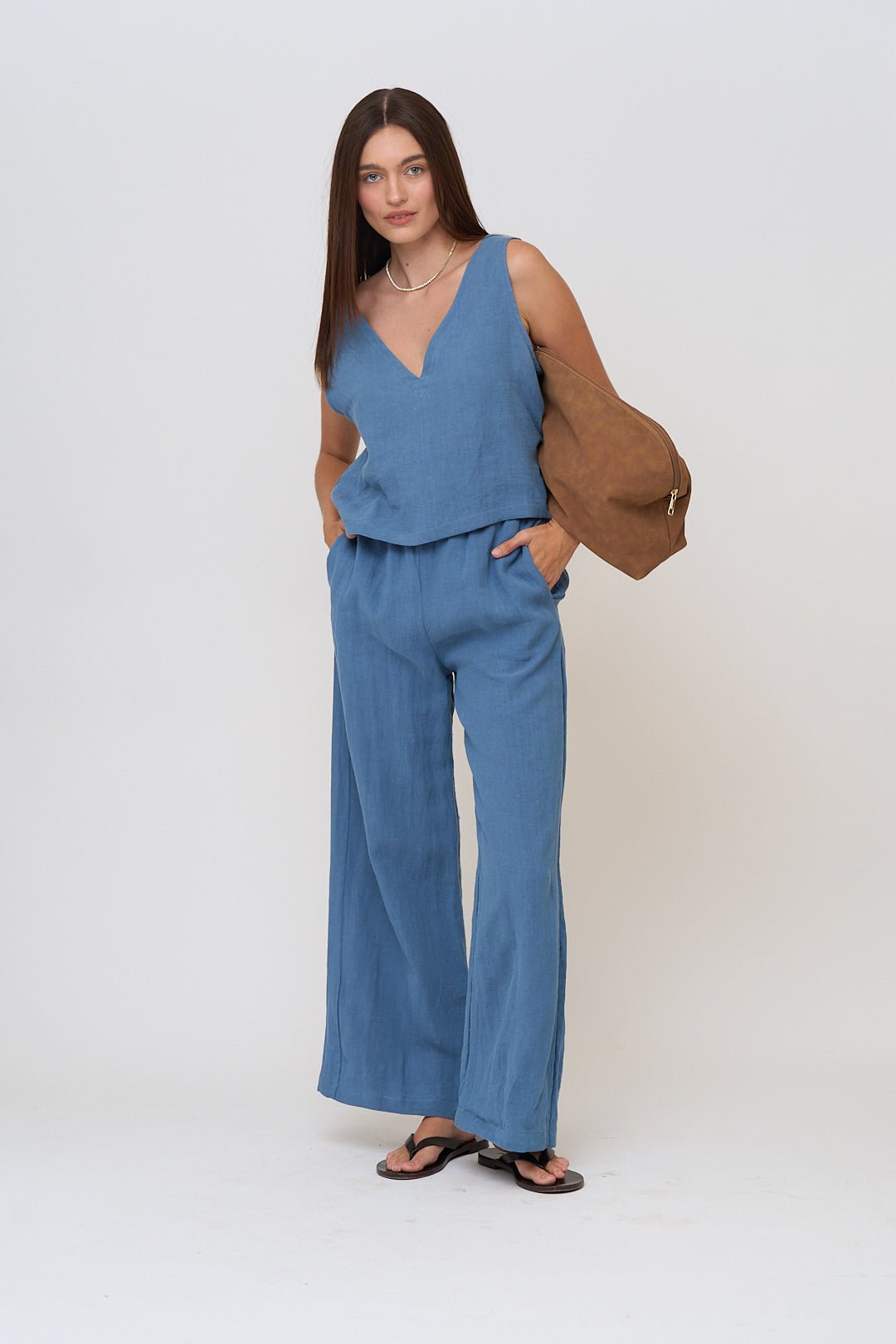 Blue linen tank, reversible boatneck and v-neck of the linen tank set. Set comes with shorts (not pictured). 