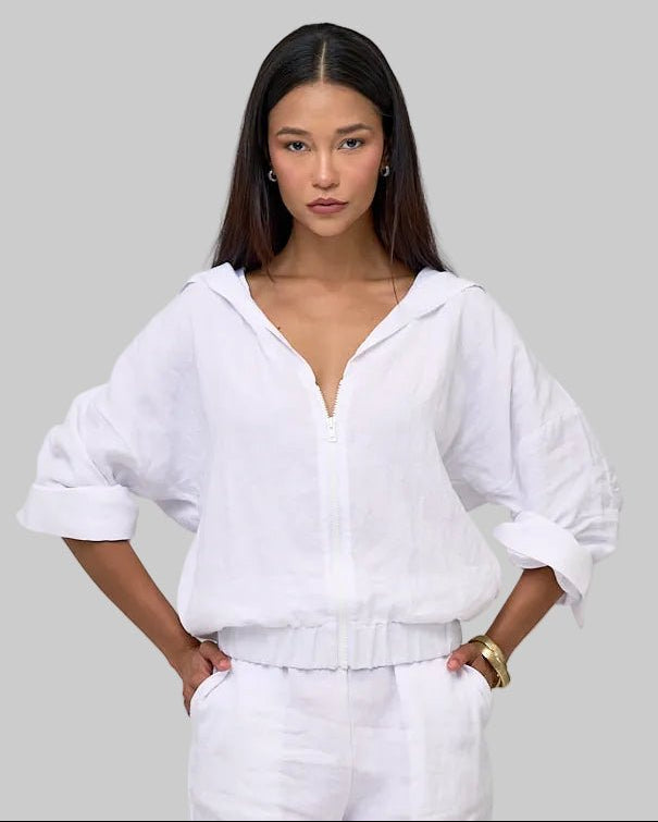 Oversized white linen shift zip hoodie, cropped elastic waist and adjustable sleeves with snaps