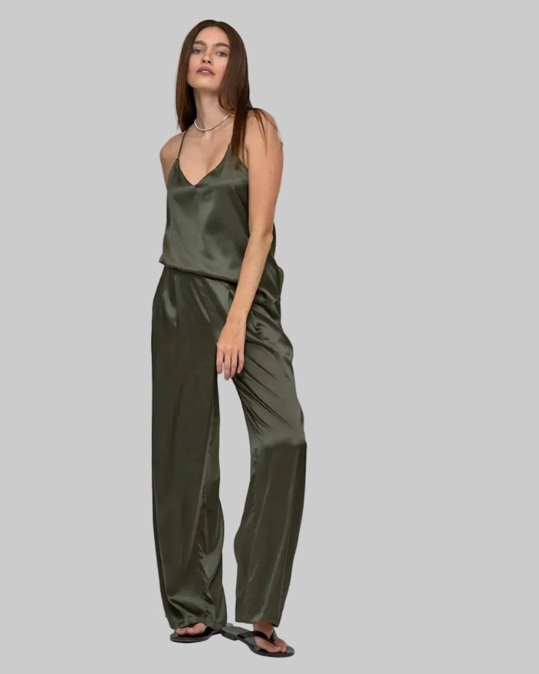 Olive Silk Racerback tank, spaghetti straps, v-neck 