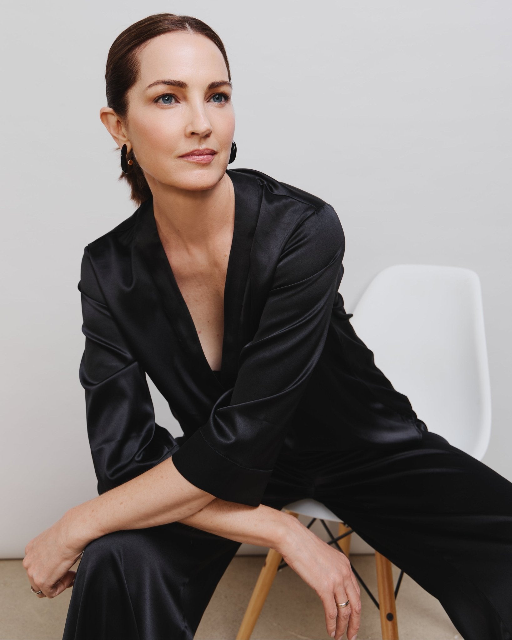 Luxurious 3/4 sleeve, v-neck Kimono blouse. Relaxed fit. Stretch silk. Black.