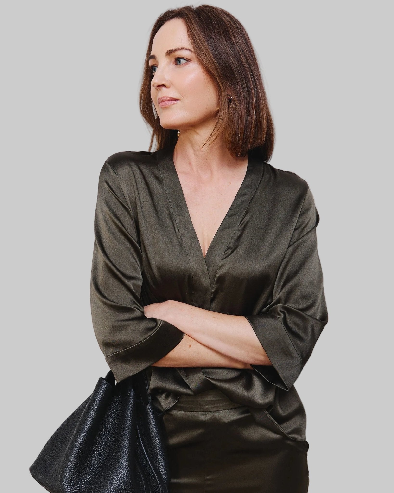 Luxurious 3/4 sleeve, v-neck Kimono blouse. Relaxed fit. Stretch silk. Olive.