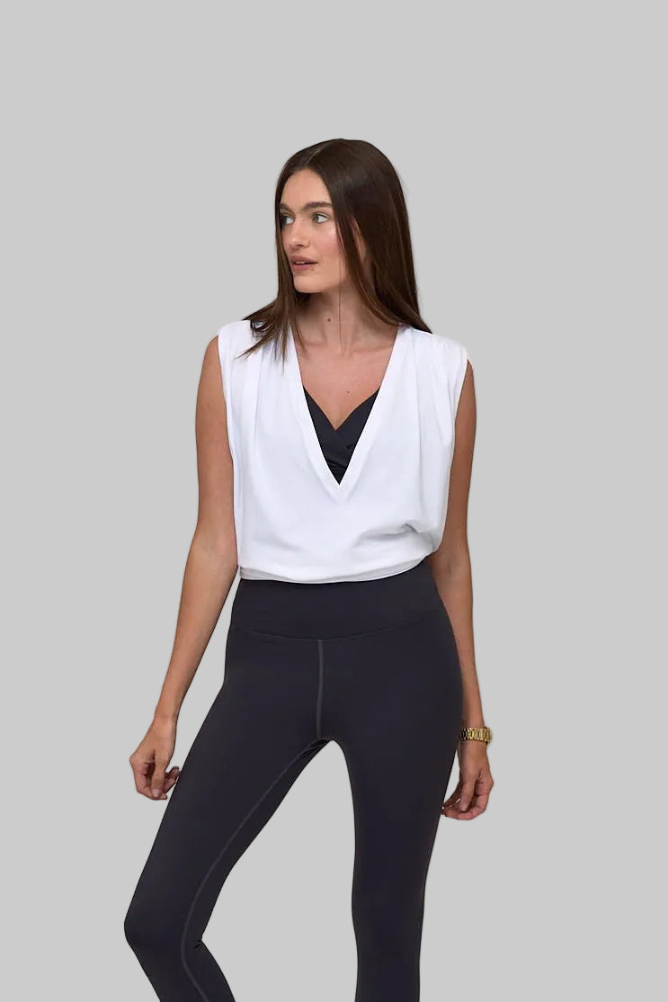 Relaxed White cotton v-neck tunic shirt with pleated shoulders 